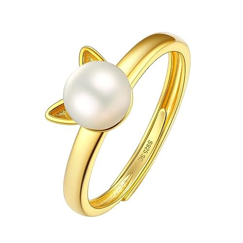 SILVERCUTE 925 Sterling Silver Band Rings Cat Rings for Women,Adjustable 925 Silver/18K Gold Plated Band Ring,Cat/Panda Ring Pearl Cat-Gold