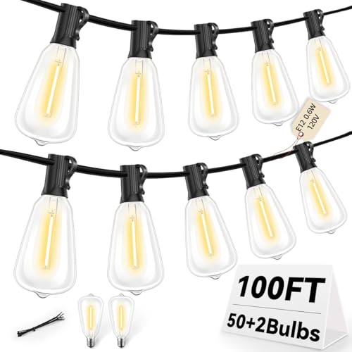 ST38 100FT LED Outdoor String Lights with 50 Shatterproof ST38 Bulbs+2 Spares, 2700K Warm White – for Backyard, Patio, Garden, Wedding, Party, Christmas, Porch, Deck, Gazebo, Bistro, Camping Decor