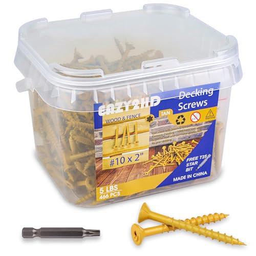 Image of Eazy2hD Deck Screws # 10 x 2 Inch, 466Pcs, Carbon Steel Exterior Wood Screw | Epoxy Coated Rust Resistant, Construction Screw for Fence Framing Drywall, Tan, 5 Lb, Torx /Star Drive Head, T25 Bit Included