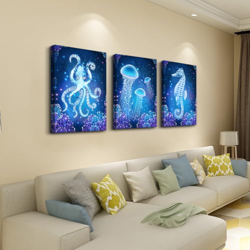 DZRWUBHS Wall Art Paintings For Bedroom Living Room Wall Decor Blue Ocean Life Theme Art Prints Wall Artworks Sea Animal Sea Horse Octopus Jellyfish Pictures Bathroom Home Decor Posters 3 Panels