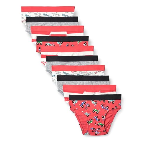 Amazon Essentials Boys Cotton Jersey Brief Underwear Pack of 10 Grey/ Stripes/ Trucks 3T