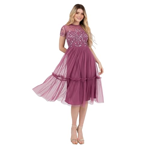 Maya Deluxe Women's Midi Dress Ladies Round Neck Sheer Short Sleeves Sequin Embellished Tulle Ruffle A Line Wedding Guest Occasion, Rosa 50