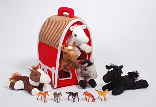 12" Red Plush Horse Barn with 5 Stuffed Animal Horses by Unipak and 5 Bonus Horse Figures