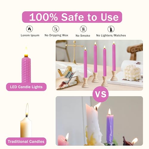 Image of Beeswax Honeycomb Flameless LED Taper Candles, 9.5 Inch Flickering Wax Candles with Remote & Timer, Pink Battery Operated Dripless Tapered Candle for Home Wedding Decor, 4 Pack