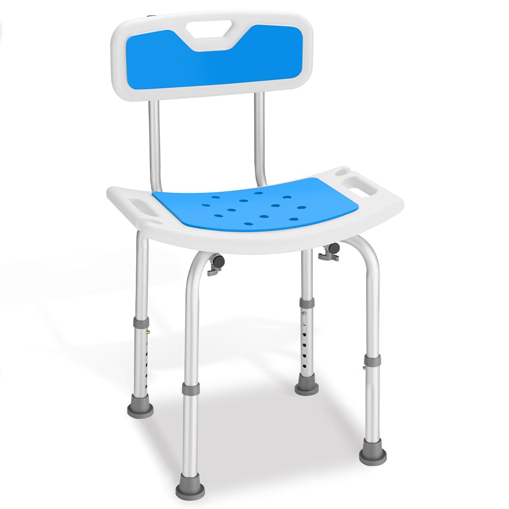 BAKAJI Taburete de ducha con respaldo para personas mayores, discapacitados y personas con movilidad reducida, estructura de aluminio antideslizante, silla orificios de drenaje y altura ajustable