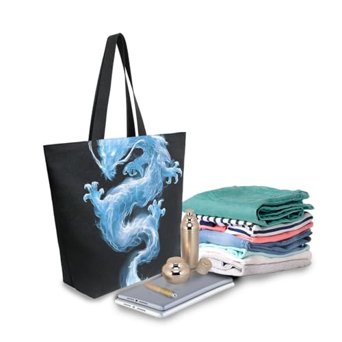 Extra Large Shoulder Tote Bag for Beach Travel Weekender Gym Dragon Blue Black Reusable Grocery Canvas Shopping Bag3