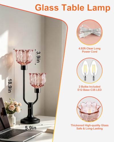 Image of Lightdot Mid Century Modern Table Lamp Dimmable Vintage Black Flower Lamp | Lotus Pink Glass Desk Lamp 2 Bulbs Included Warmwhite Ambient Nightstand Bedside Lamp for Living Room Bedroom Home Decor Gift