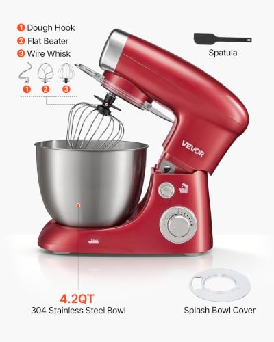 Image of VEVOR 4.2 Qt Tilt Head Stand Mixer 400W Electric Dough Mixer, 6 Speeds Food Kitchen Mixer with Stainless Steel Bowl, Splash Guard, Dough Hook, Whisk, Beater, for Baking Mixing Whipping