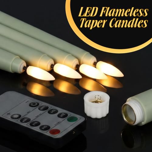 Image of Rossesay 16 Pcs Sage Green Flameless Taper Candles Battery Operated Candles with Remote Timer 8.5 inch 9.6 inch 10.8 inch 12.8 inch Multiple Sizes LED Flickering Candlestick for Wedding Party Centerpieces Decor