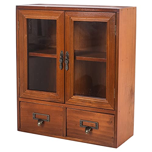 RZGZKLSH Rustic Vintage Mini Pine Counter Top Cabinet - 12' L x 4.7' W x 14' H with 2 Doors & 2 Drawers, Antique Apothecary Spice Cabinet for Kitchen, Bathroom, Office Organization & Storage(Brown)