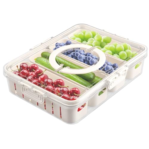 Longzhuo Refrigerator Crisper Box with Lid, Divided Serving Tray Serving Platter with 4 Removable Compartment Box, Reusable Serving Platters Bowls with Drainage Function for Home Kitchen
