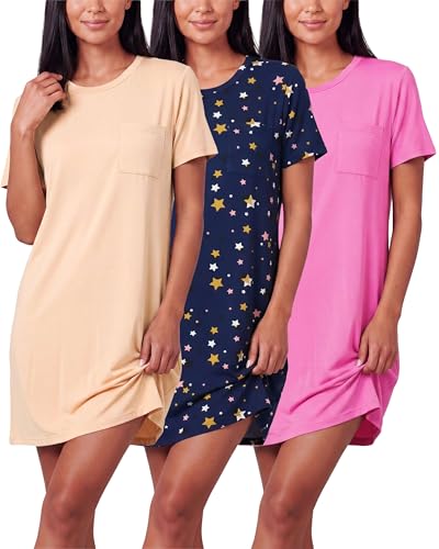 Real Essentials 3 Pack: Women's Short Sleeve Nightgown Dress  Nightshirt Pajama Sleep Shirt Sleepwear (Available In Plus)