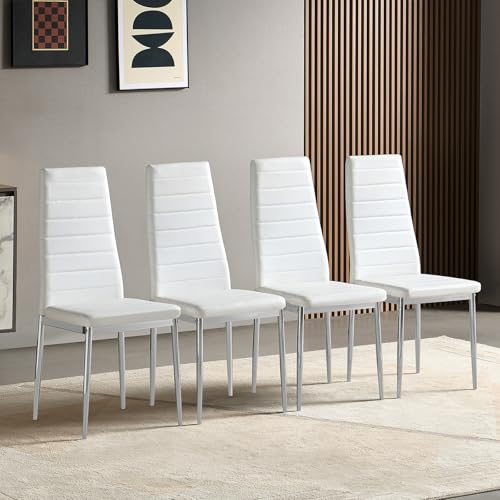 Qinazoe Modern Style Dining Chair Set for 4 with Comfortable PU Leather and Silver Chrome Plated Chair Legs for Dining Room (White)