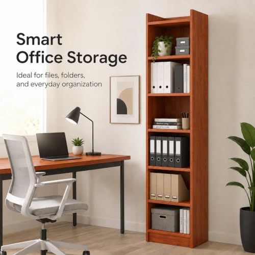 Image of FURLAY SlimTower 180 cm Tall Bookshelf, White 6-Tier Slim Open Shelf Organizer, Space Saving Book Rack for Bedroom, Study Room, Living Room, Office, Kids Room & Decor Storage (FWBS7L-Woodland)