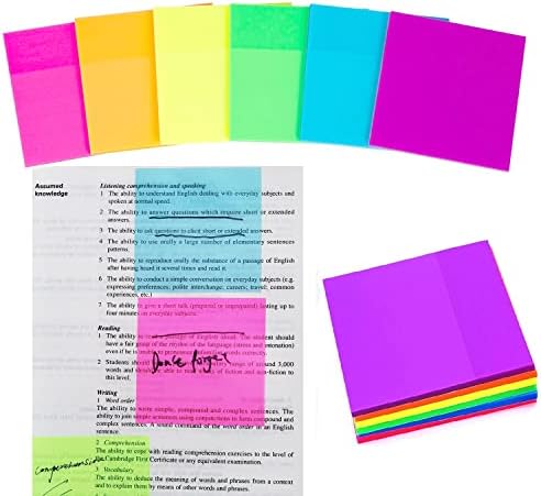 StarJungle Transparent Sticky Notes Pad, 6 Packs Sticky Notes for Books Message Reminder, Waterproof self-Adhesive Translucent Sticky Notes (3"X 3" Colorful 300)