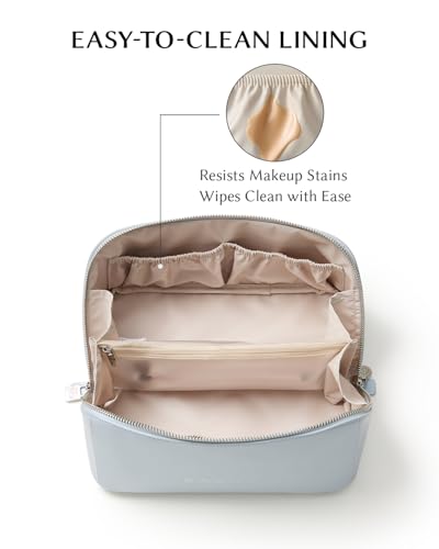 Image of EACHY Travel Makeup Bag, Large Capacity Cosmetic Bag for Women, Waterproof PU Leather, Flat Open Portable Toiletry Bag for Skincare, Brushes & Travel Essentials