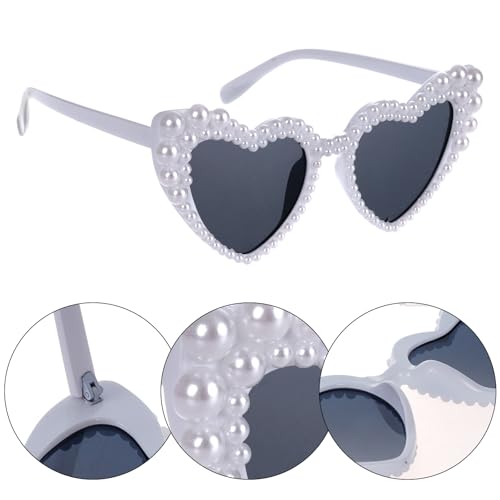 White Heart Shaped Pearl Bride Sunglasses for Women Wedding, Bachelorette Party Sunnies, Engagement Decorations3