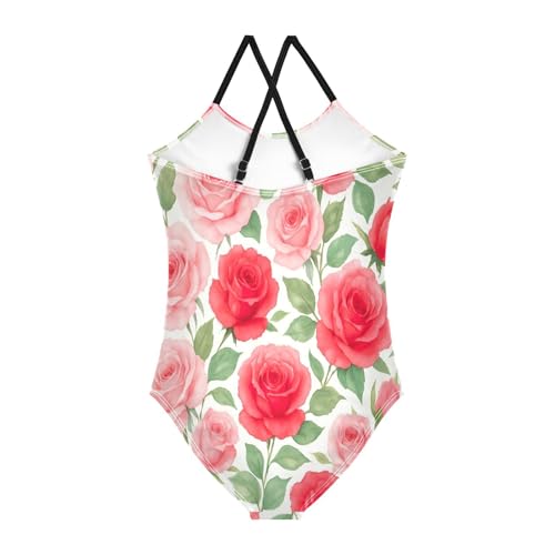 Watercolor Red Roses Girls' Swimwear with Adjustable Shoulder Strap, Beach Swim Suits Kids, 3-102
