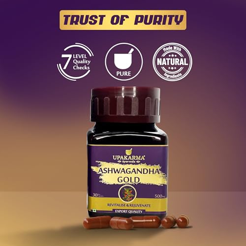 Image of Upakarma Ashwagandha Gold 30 Capsules | Contains Gold | Ashwagandha Root Extract, Brahmi, Shigru and Other Action Herbs | Helps in Stress & Sleep Management (Pack of 1)
