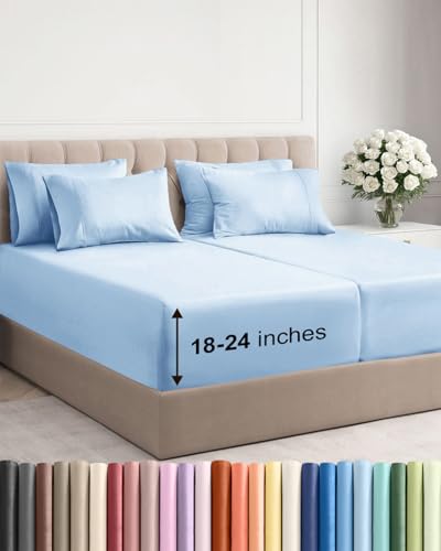 Image of Extra Deep Split King Sheet Set - 7 Piece Breathable and Cooling Sheets - Hotel Luxury Bedding for Women, Men, Kids & Teens - Easy Secure Fit - Soft & Wrinkle Free - Extra Deep Pockets - Light Blue