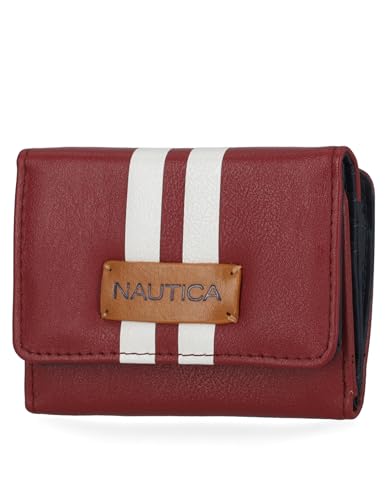 Image of Nautica Rower's End Small Wallet for Women, RFID Blocking Slim Credit Card Holder with Zipper Coin Pocket, Bifold Compact Womens Wallet with ID Window, Wine (Racing Stripe)