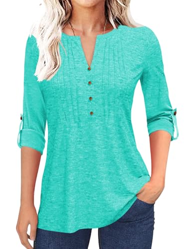 Grlasen Womens Fashion Long Sleeve T-Shirt Pleated Button V-Neck Solid Color Casual Tunic Top Mint Green