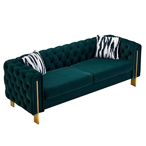 Image of Dolonm Velvet Tufted Sofa for Living Room, 84 inch Mid-Century Modern Couch with 2 Throw Pillows, High Arms & Gold Metal Legs, Luxury Chesterfield Furniture (Green)