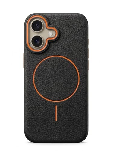Image of amazon basics Luxury MagSafe Compatible Leather Texture Back Cover for iPhone 16 | Raised Camera Protection | Slim Fit Shockproof Case with Metallic Accents (Black)