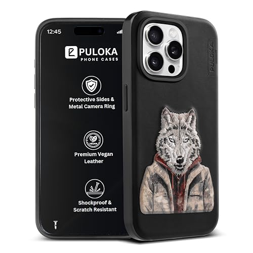 Image of PULOKA - Mobile Cover Compatible for iPhone 15 Pro Max - Wolf Embroidery - Sleek & Stylish - Protective & Anti Scratch Phone Cover Vegan Leather Back Case - Men & Women - Black