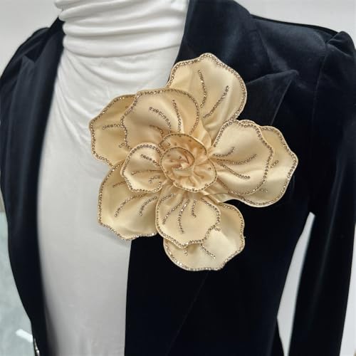 Image of Fabric Rhinestone Flower Big Brooch Lapel Pins for Women Elegant Crystal Floral Brooches Pin for Dresses Suit Accessories Jewelry Boutonniere Corsage Wedding Party 5.5in
