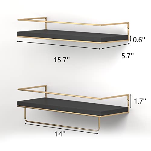 Image of Shario - Set of 2 Floating Shelves with Gold Towel Rack Wall Hanging Decorative Storage Shelves for Bathroom, Kitchen, Living Room and Bedroom (Black)