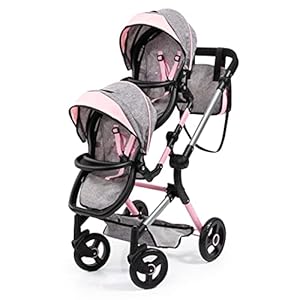 Bayer Design 26233AA Puppenwagen, Zwillingspuppenwagen, Geschwisterwagen, höhenverstellbar, zusammenklappbar, kompatibel mit EasyGo Puppenautositz, grau, rosa in Jeans Look, 46 cm