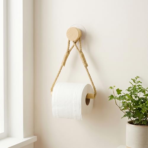 Toilettenpapierhalter Ohne Bohren Holz & Seil Klopapierhalter Selbstklebend Vintage Klorollenhalter Ohne Bohren Toilettenpapierhalter Holz WC Papier Halterung Für WC Badezimmer Bad Boho Dekoration