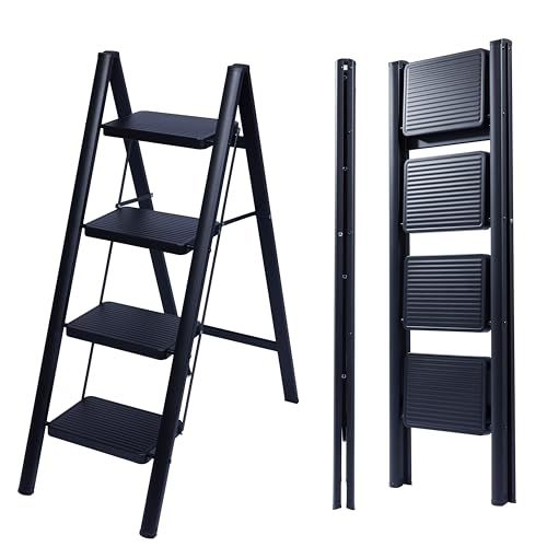 UZIRO Folding Ladder 4 Treads, Decorative Ladders, Wide Non-Slip Treads, Ideal for Home, Kitchen and Office Use, Easy to Store and Transport, Heavy Duty (Black, 4 Treads) UZIRO Folding Ladder 4 Treads, Decorative Ladders, Wide Non-Slip Treads, Ideal for Home, Kitchen and Office Use, Easy to Store and Transport, Heavy Duty (Black, 4 Treads)
