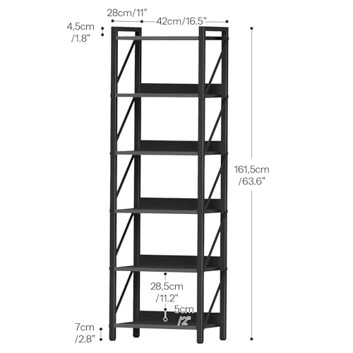 Image of HOOBRO Bookshelf, 6-Tier Industrial Bookcase, Book Shelf Storage Organizer, Tall Bookshelf with Metal Frame for Living Room, Bedroom, Home Office, Kitchen, Black BB72SJ01