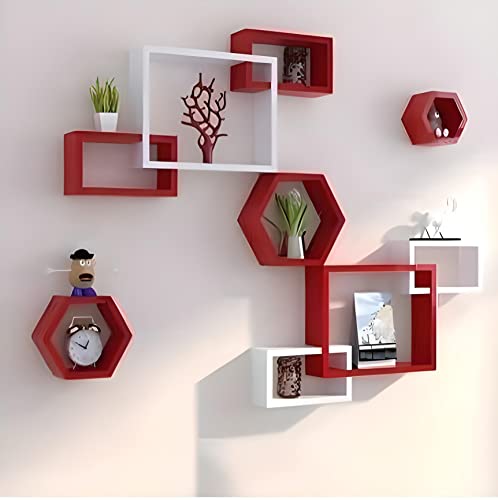 Image of Wooden handicrafts Wooden Stylish Wall Rack Shelves Set of Wall Shelves MDF -Medium Density Fiber Home Decoration Wall Decor (Red White, Hexa Interlock)