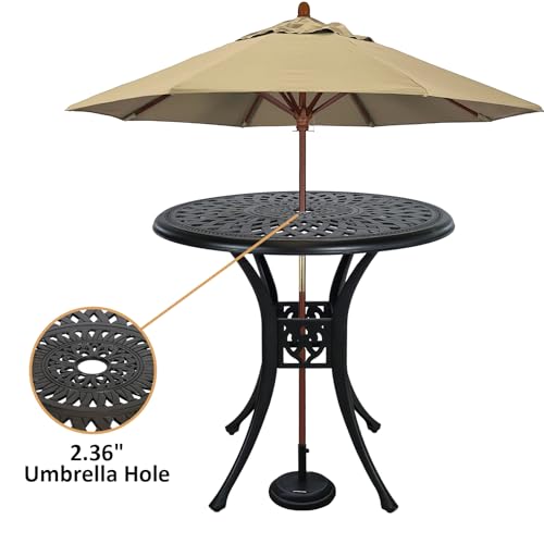 Image of 30 inches Patio Table with Umbrella Hole, Round Outdoor Table, Cast Aluminum Bistro Table, Metal Side Table for Porch Backyard, Black