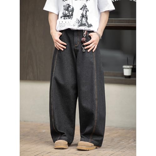 Baggy Barrel Jeans for Men Boys Y2K Elastic Waist Pull On Denim Pants Casual Wide Leg Raw Jeans Streetwear3