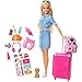 Barbie - Barbie Voyage - Coffret avec Poupée et Chien - Valise, Caisse de Transport, Tenue et Autocollants - Plus de 10 Accessoires - Cadeau dès 3 ans, FWV25