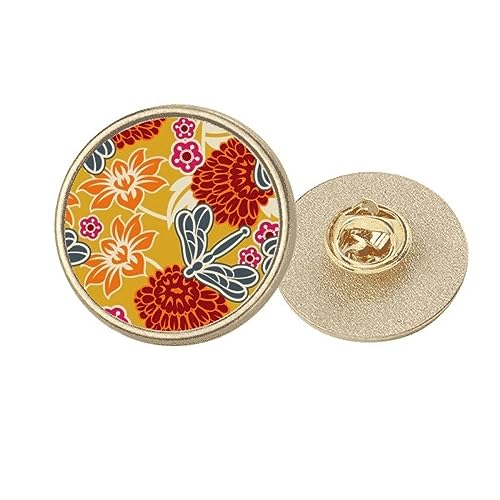 Broche ronde en métal doré aux fleurs d'Asie de style asiatique taille M