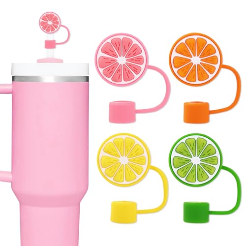 Whaline 4Pcs Summer Lemon Straw Cover Cap Yellow Green Orange Pink Reusable Silicone Straws Topper Cute Fruit 10Mm/0.4Inch Straw Tip Lid Protector for 30/40 Oz Tumbler Cup Accessories