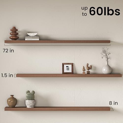 Image of Fun Memories 72Inch Long Floating Shelves, 8 Inch Deep Shelves for Bedroom|Living Room, Wall Mounted Wood Hanging Shelf with Invisible Brackets for Fireplace Mantel Home Storage Decor, Walnut - 1 Pack