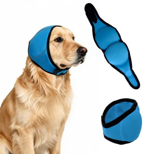 Image of Dog Ear Cover for Noise Protection & Anxiety Relief, Adjustable No Shake Ear Wrap for Firework, Hematoma, Bathing, Swim, Grooming and Force Drying (Blue, L(Head Size:18 inch-24 inch))