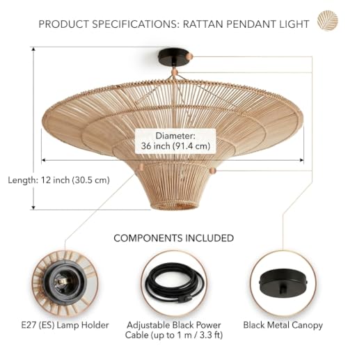 Image of Bamboo Light for Balcony | Ratten Lamp Shade for Living Room | Cane Indoor Light | Ceiling Hanging Light | Style Umberella` (Extra Large, Dia-36 inch (for Large Size Area))