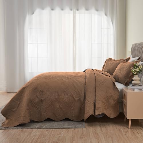 Image of Kingnex Oversized King Bedspreads 128x120 for Extra Wide Tall King or Cal King Bed Ultrasonic Quilted Coverlet Set 3 Piece Include 1 Quilt 2 Pillowcases Coffee