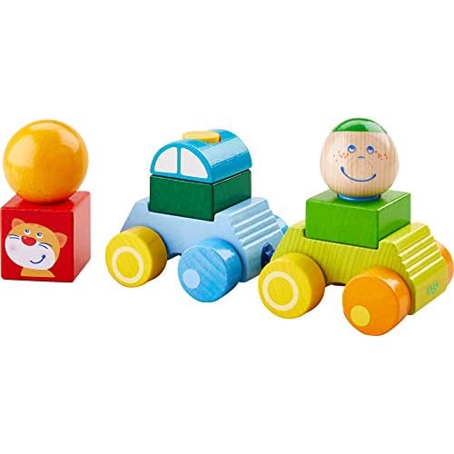 HABA 304739 - Entdeckerauto Anton, Auto mit Anhänger und Bausteinen aus Holz, Motorikspielzeug zum Stecken und Bauen, Spielzeug ab 12 Monaten