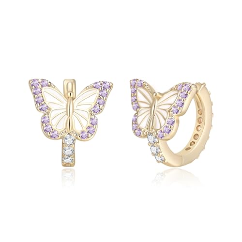 Image of EVER FAITH Butterfly Purple CZ Small Huggie Hoop Earrings