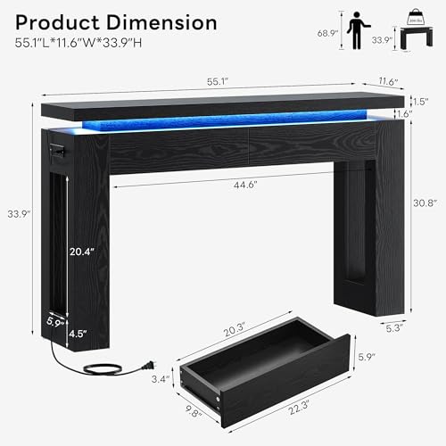 Image of LIKIMIO Console Table with Drawers, Modern Entryway Table with LED Lights and Charging Station, Narrow Sofa Table with Storage Behind Couch for Entrance, Hallway, Living Room, Black