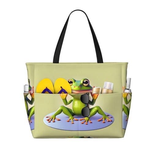 Large Capacity Beach Bag - print Waterproof Travel Bag The funny frog doing yoga Multi-Pocket Tote for Vacation Gym Women