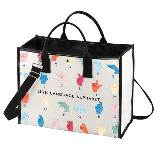 BWWKTOP ASL Teacher Tote Bag American Sign Language Gifts ASL Interpreter Tote Bag Deaf Education Teacher Gifts